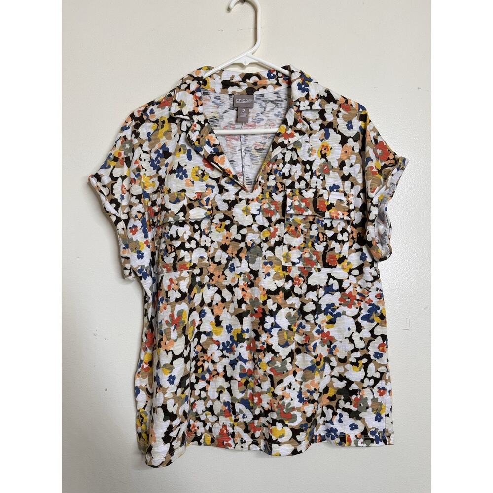 Chico’s Size 2 US 12 Abstract Floral Cotton Collared Tee Roll Cuff Short Sleeve